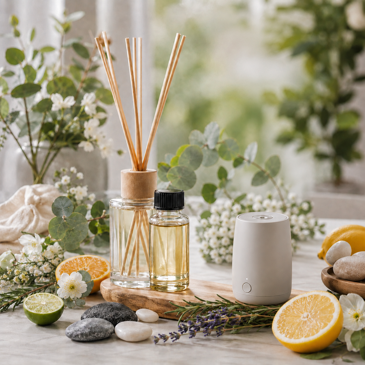 Elegante Duftöle mit Diffuser, Trockenblumen und Rose für edle Raumduft-Kompositionen