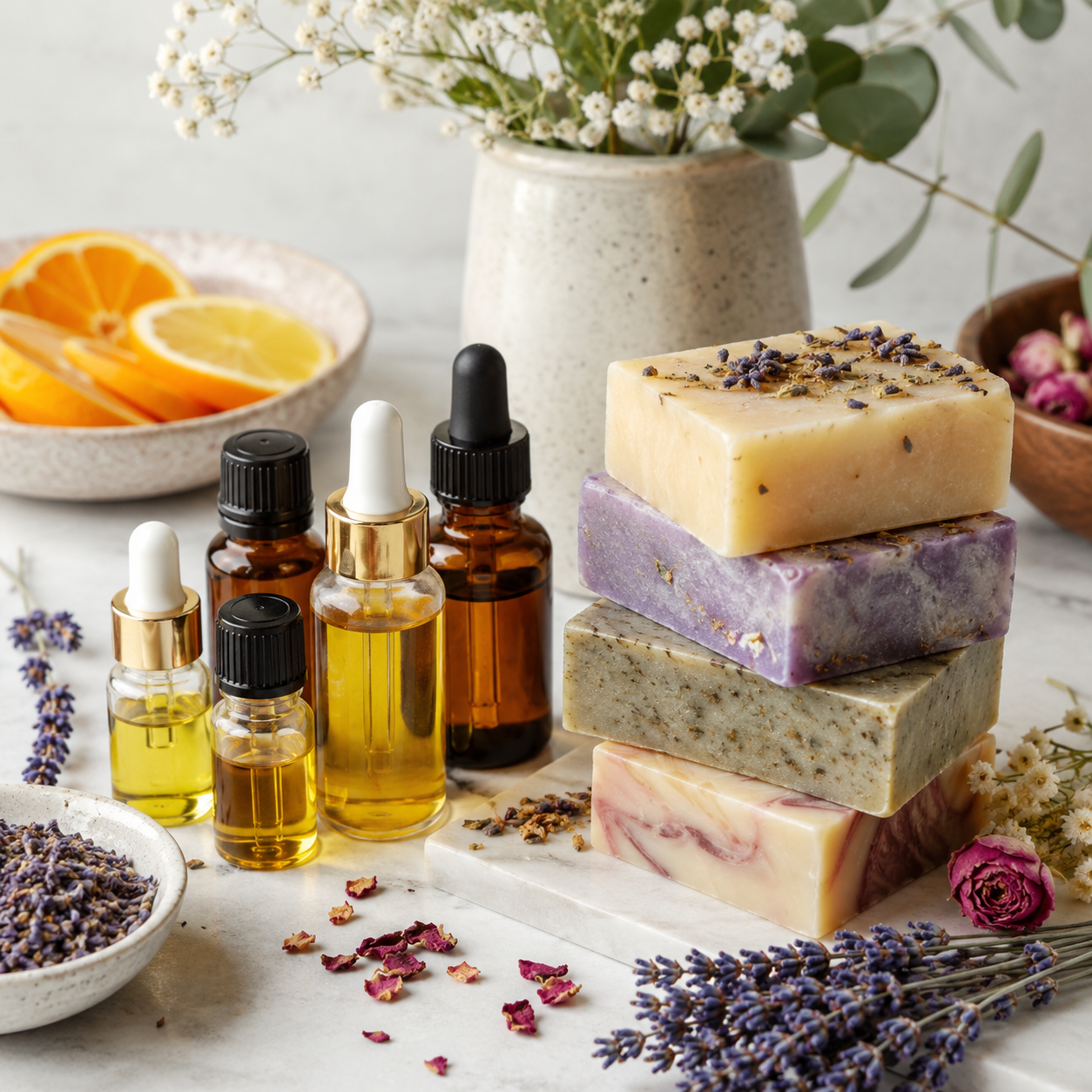 Duftöle für Seifen mit handgemachten Seifen, Lavendel, Kräutern und natürlichen Duftnoten