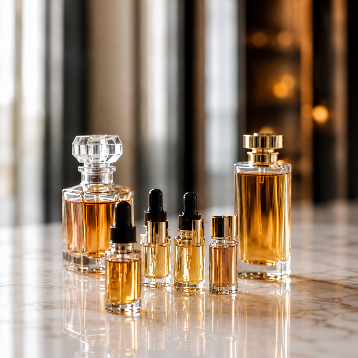 Duftzwillinge für Parfumkreationen mit edlem Parfümflakon und goldenen Duftnoten